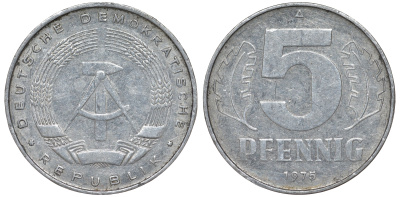 ГДР 5 ПФЕННИГОВ 1975 A KM 9.1 алюминий 62-317