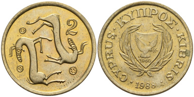 Кипр 2 цента 1988 KM 54.2 никель латунь 4174-1244
