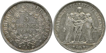 Франция 5 франков 1875 А, Геракл с богинями равенства и братства KM 820.1 серебро 633-1144