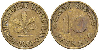 ФРГ 10 пфеннигов 1950 J KM 108, J. 383 сталь плакированная латунью 259-1011