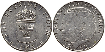 Швеция 1 крона 1983 Карл XVI Густав (1973- ) KM 852a медно-никель 4397-1124