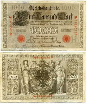 ГЕРМАНИЯ 1000 МАРОК 1910 КРАСНАЯ ПЕЧАТЬ, СЕМИЗНАЧНЫЙ НОМЕР Pick 44b бумага 8595-25-3-1