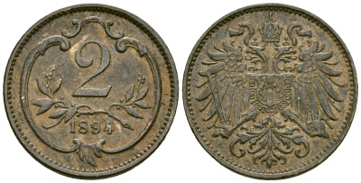 Австрия 2 геллера 1894 Франц Иосиф (1846-1918) KM 2801 бронза 4173-1112