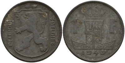 Бельгия 1 франк 1943 Belgique - Belgie, Леопольд III (1934-1947), германская оккупация, Вторая мировая война KM 127 цинк 4161-533
