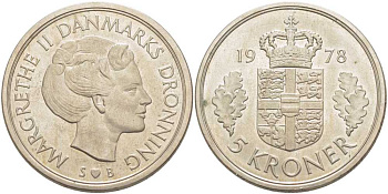 ДАНИЯ 5 КРОН 1978 S; B, МАРГРЕТЕ II (1972-) KM 863.1 медно-никель 32-1216