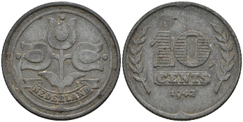 Нидерланды 10 центов 1942 Вильгельмина (1890-1948) KM 173 цинк 51-2551