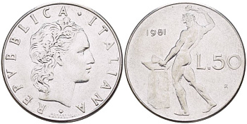 ИТАЛИЯ 50 ЛИР 1981 R, БОГ ОГНЯ ВУЛКАН У НАКОВАЛЬНИ KM 95.1 нержавеющая сталь 4551-411