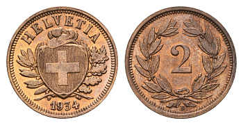 Швейцария 2 раппена 1934 B KM 4.2a бронза UNC 1528-745