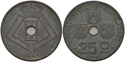 Бельгия 25 сантимов 1943 Belgique - Belgie, Леопольд III (1934-1947), германская оккупация, Вторая мировая война KM 131 цинк 4157-511