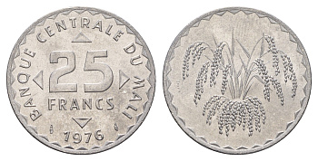 Мали 25 франков 1976 год-тип KM 12 алюминий UNC 4671-112