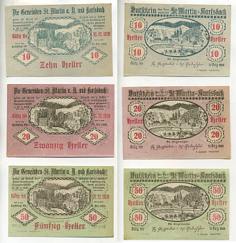 Австрия набор из 3 банкнот 1920 30 мая 1920- 31 декабря 1920, нотгельд, 10, 20, 50 геллеров, ST. MARTIN UND KARLSACH   бумага  aUNC  7555-2-1-2