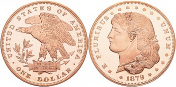 США 1 ДОЛЛАР 1879 КОПИЯ ИЗВЕСТНОЙ РЕДКОЙ МОНЕТЫ, КРАСНЫЙ МЕТАЛЛ PROOF 05-086-15