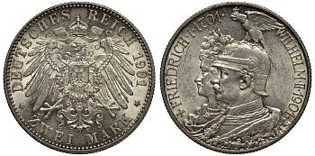 Пруссия 2 марки 1901 A, 200 лет Прусской королевской династии (Фридрих I - Вильгельм II) J.105, Weege 105, KM 525 серебро 413-6221