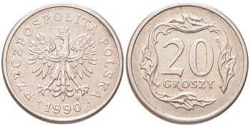 Польша 20 грошей 1990 Y 280 медно-никель UNC 4614-642