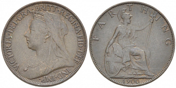 Великобритания 1 фартинг 1900 Виктория (1837-1901) KM 788.2, Spink 3964 бронза 3955-263