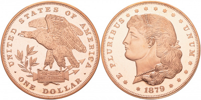 США 1 ДОЛЛАР 1879 КОПИЯ ИЗВЕСТНОЙ РЕДКОЙ МОНЕТЫ, КРАСНЫЙ МЕТАЛЛ PROOF 05-086-15
