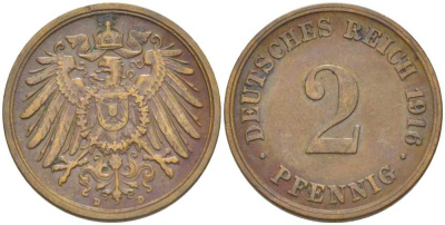 Германия 2 пфеннига 1916 D KM 16, J. 11, Weege 4 медь 206-661