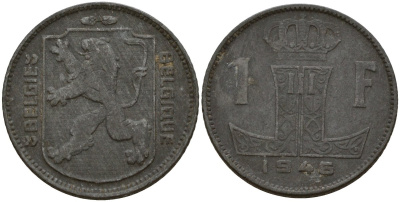 Бельгия 1 франк 1945 Belgie - Belgique, Леопольд III (1934-1947), германская оккупация, Вторая мировая война KM 128 цинк 4161-553