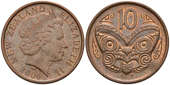 Новая Зеландия 10 центов 2006 маска Маори, Елизавета II (1952-) KM 117а сталь плакированная медью 186-455
