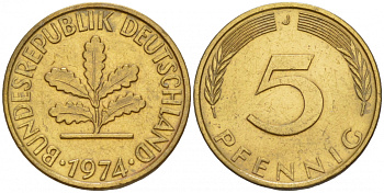 ФРГ 5 ПФЕННИГОВ 1974 J KM 107, J. 382 сталь плакированная латунью 4532-1251