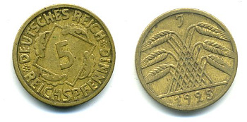 ГЕРМАНИЯ 5 РЕЙХСПФЕННИГОВ 1925 J, KM 39, J. 316 алюминиевая бронза 46-2331