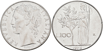 Италия 100 лир 1973 R, Афина KM 96.1 нержавеющая сталь 4117-331