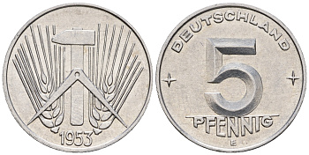 ГДР 5 пфеннигов 1953 E KM 6 алюминий UNC 219-112