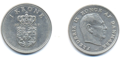 ДАНИЯ 1 КРОНА 1967 C; S, ФРЕДЕРИК IX (1947-1972) KM 851.1 медно-никель 51-4442