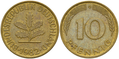 ФРГ 10 пфеннигов 1982 G J. 383, KM 108 сталь плакированная латунью    4603-523