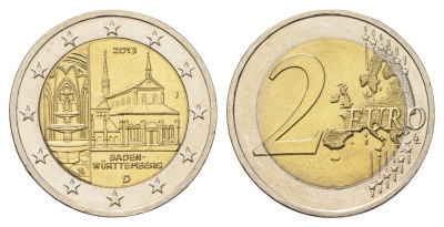 Германия 2 евро 2013 D, Баден-Вюртемберг, монастырь Маульбронн, серия Федеральные земли Германии KM 314 биметалл UNC 4693-1144