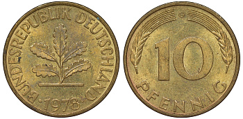 ФРГ 10 пфеннигов 1978 G KM 108, J. 383 сталь плакированная латунью 62-232