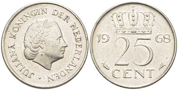 НИДЕРЛАНДЫ 25 ЦЕНТОВ 1968 ЮЛИАНА (1948-1980) KM 183 никель 214-951