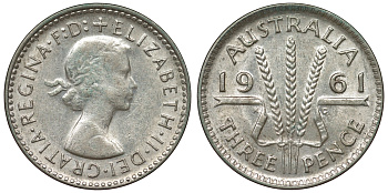 Австралия 3 пенса 1961 m, Елизавета II (1952-2022) KM 57 серебро 71-752