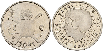 Нидерланды 1 гульден 2001 прощай гульден, детский рисунок, лев с флагом в руках KM 233 никель 4141-142