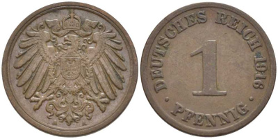 ГЕРМАНИЯ 1 ПФЕННИГ 1916 A KM 10, J. 10, Weege 2 медь 206-454