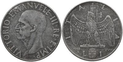 Италия 1 лира 1939 VII год, Виктор Эммануил III (1900-1946), магнитная KM 77b нержавеющая сталь 4171-724