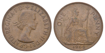 Великобритания 1 пенни 1966 Елизавета II (1952-2022) KM 897, Spink 4157 бронза 4661-934