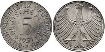 ФРГ 5 марок 1951 J (Гамбург), J. 387, KM 112.1 серебро 4389-222