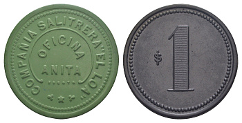 Чили, Анита (Anita), Антофагаста шахтерский жетон с Селитряного рудника для покупки в местных магазинах, номиналом в 1 песо 1880-1920 диаметр 45,5 мм, вес 6,88 гр Espinosa 20.2 эбонит (зеленый) 1094-11-22