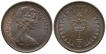 Великобритания 1/2 пенни 1971 Елизавета II (1952-2022) KM 914, Spink 4239 бронза 187-1252