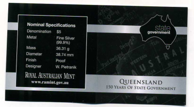 Австралия 5 долларов 2009 150 лет штату Квинсленд, коробка, сертификат, серебро KM NEW PROOF 2-5-2-1