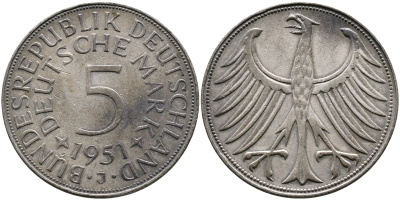 ФРГ 5 марок 1951 J (Гамбург), J. 387, KM 112.1 серебро 4389-222