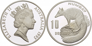 Австралия 10 долларов 1995 природа Австралии, сумчатый муравьед, намбат KM 296 серебро PROOF 1074-8-43