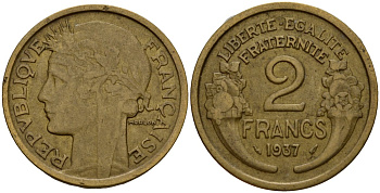 Франция 2 франка 1937 KM 886 алюминиевая бронза 4599-332