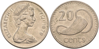 Фиджи 20 центов 1979 Елизавета II (1952-2022), китовый зуб KM 31 медно-никель 4131-1234