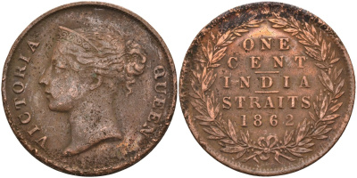 Стрейтс-Сетлментс 1 цент 1862 Виктория (1837-1901), Ост-Индская компания KM 6 медь 4590-231
