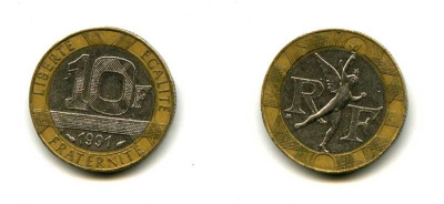 Франция 10 франков 1991 тип Гений Бастилии KM 964.1, Le Frank 375.6 биметалл 37-157