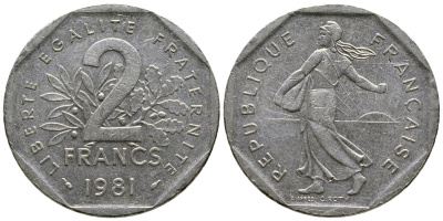ФРАНЦИЯ 2 ФРАНКА 1981 СЕЯТЕЛЬ KM 942.1, LE FRANC 272.5 никель 36-123