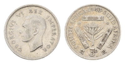 ЮАР 3 пенса 1943 Георг VI (1936-1952) KM 26 серебро 4549-252