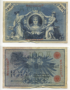 ГЕРМАНИЯ 100 МАРОК 1908 7 ФЕВРАЛЯ 1908, КРАСНАЯ ПЕЧАТЬ, ДЛИННА НОМЕРА СЕРИИ 29 ММ. Pick 33а бумага 6317-4-2